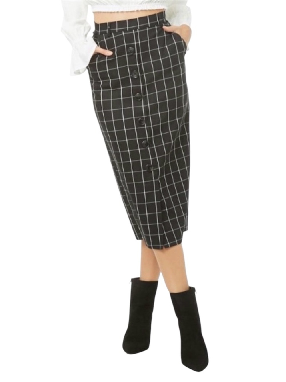 Forever 21 Black Straight Midi Skirt Plaid Windowpane Front Slit Pokets